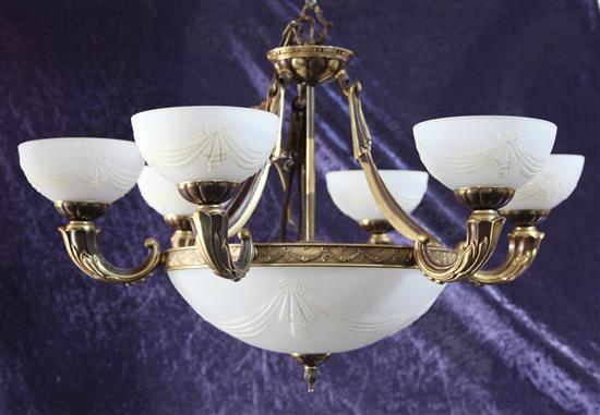 A pair of 1930s bronzed metal and frosted glass ceiling lights, Diam. 32in. drop 22in. approx.